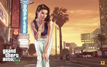 A striking HD wallpaper from Grand Theft Auto V features a stylish character against a vibrant sunset backdrop, capturing the game's iconic urban atmosphere.