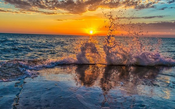 Earth Wave Splash Sea Sunset Cloud HD Wallpaper | Background Image