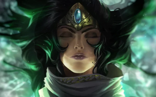 HD PC desktop wallpaper featuring Sivir from the video game League of Legends, depicted with closed eyes and an ornate headpiece amidst a mystical green and black background.