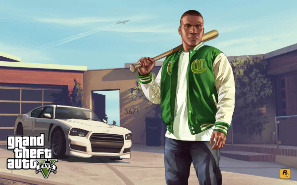 Franklin Clinton holds a bat in front of a sleek white car and a modern building in this HD PC wallpaper from Grand Theft Auto V, showcasing the game's vibrant artwork and characters.