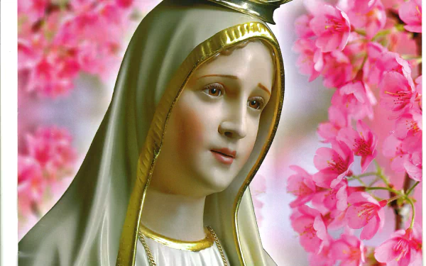 A serene depiction of Our Lady of Fátima, featuring Mary surrounded by delicate pink flowers, capturing her grace and religious significance as the Mother of Jesus.