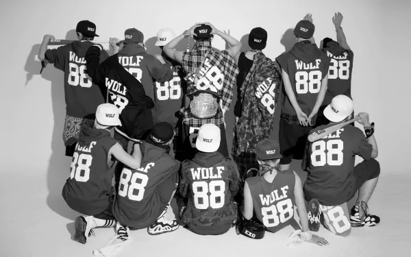 Black and white HD desktop wallpaper featuring EXO members in jerseys with WOLF 88 written on the back, posing with their backs to the camera.
