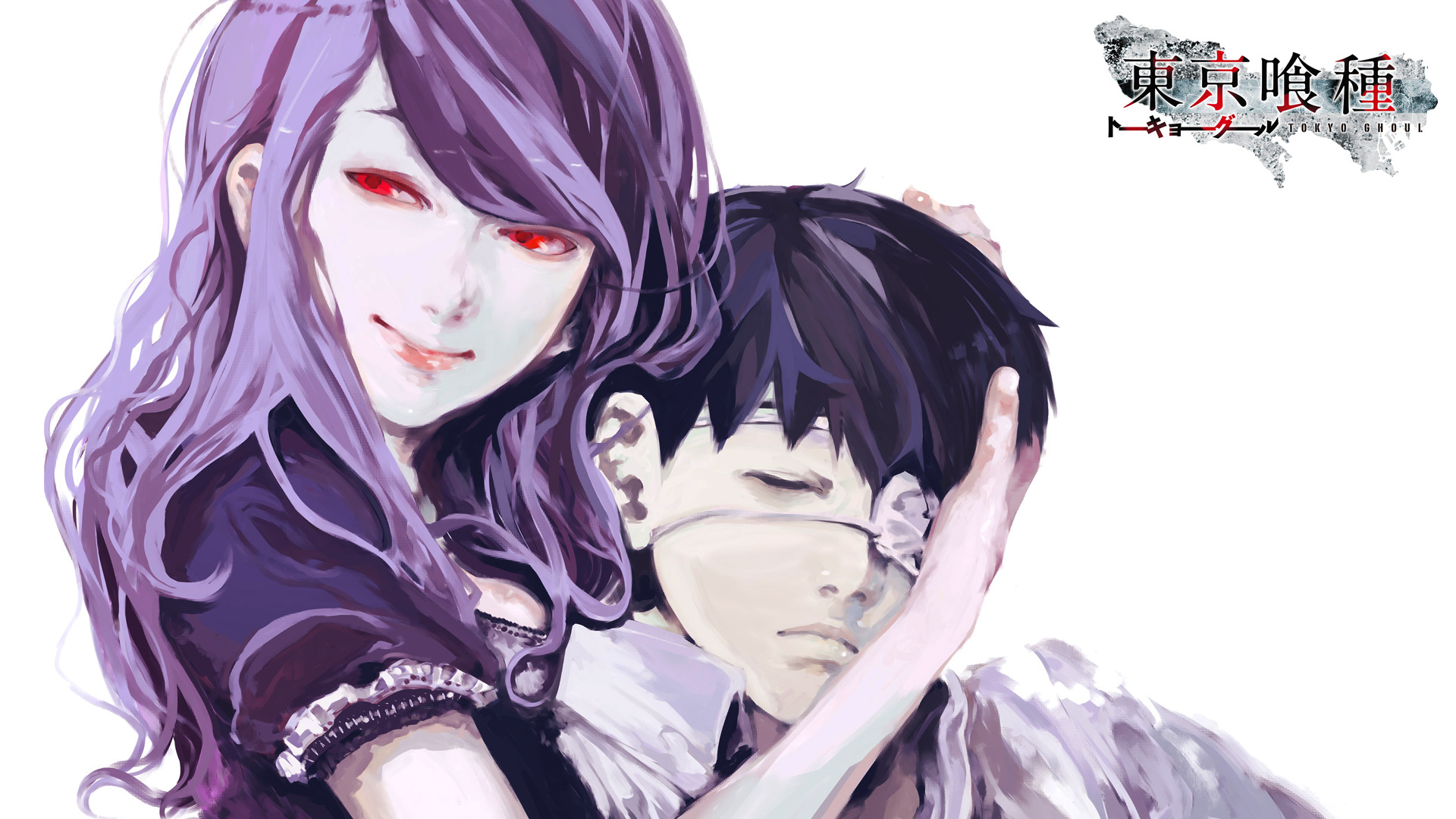 HD wallpaper featuring Rize Kamishiro with red eyes smiling beside Ken Kaneki from Tokyo Ghoul.