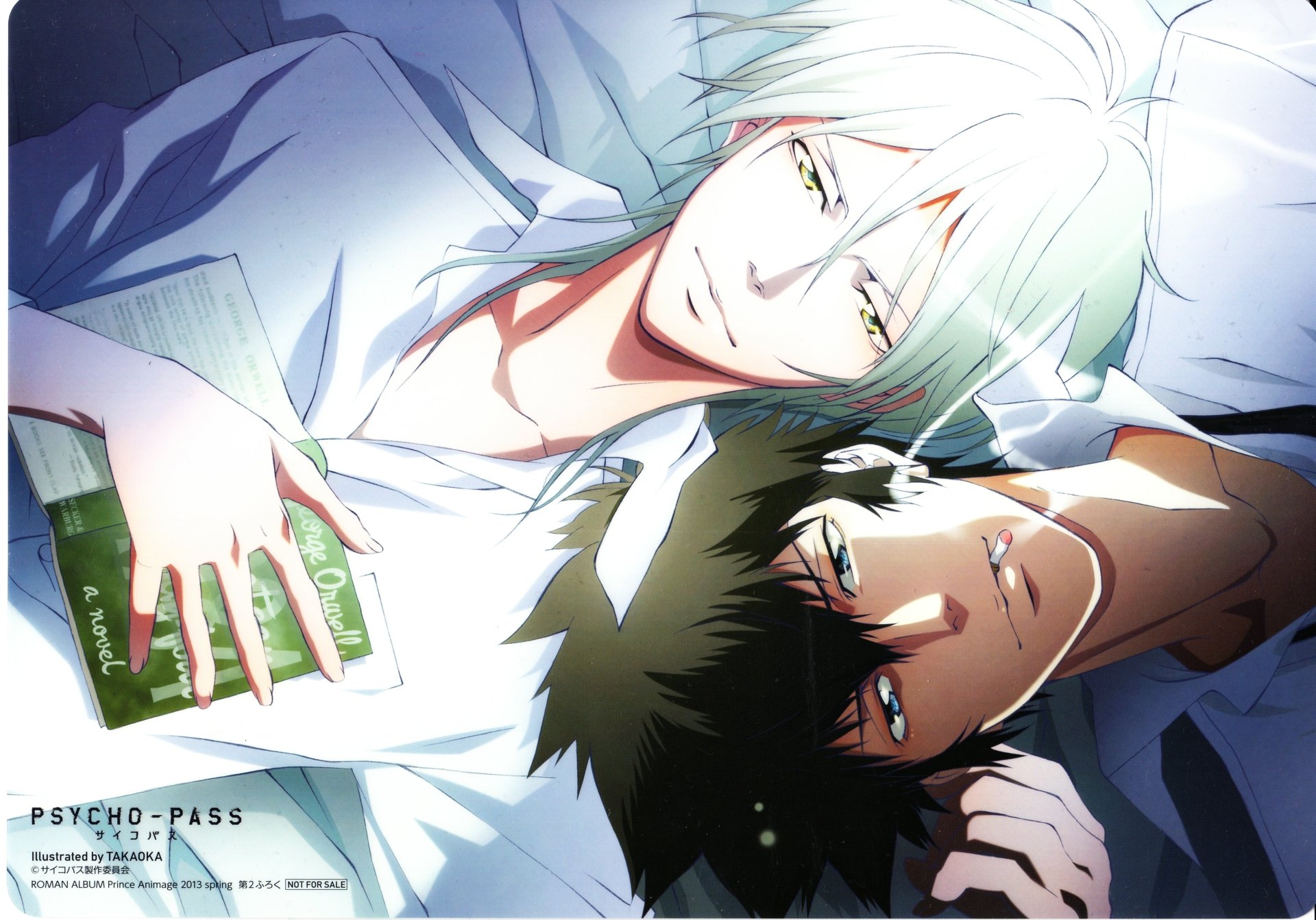HD desktop wallpaper featuring Psycho-Pass' Shinya Kogami reclining with another character against a soft-lit background.