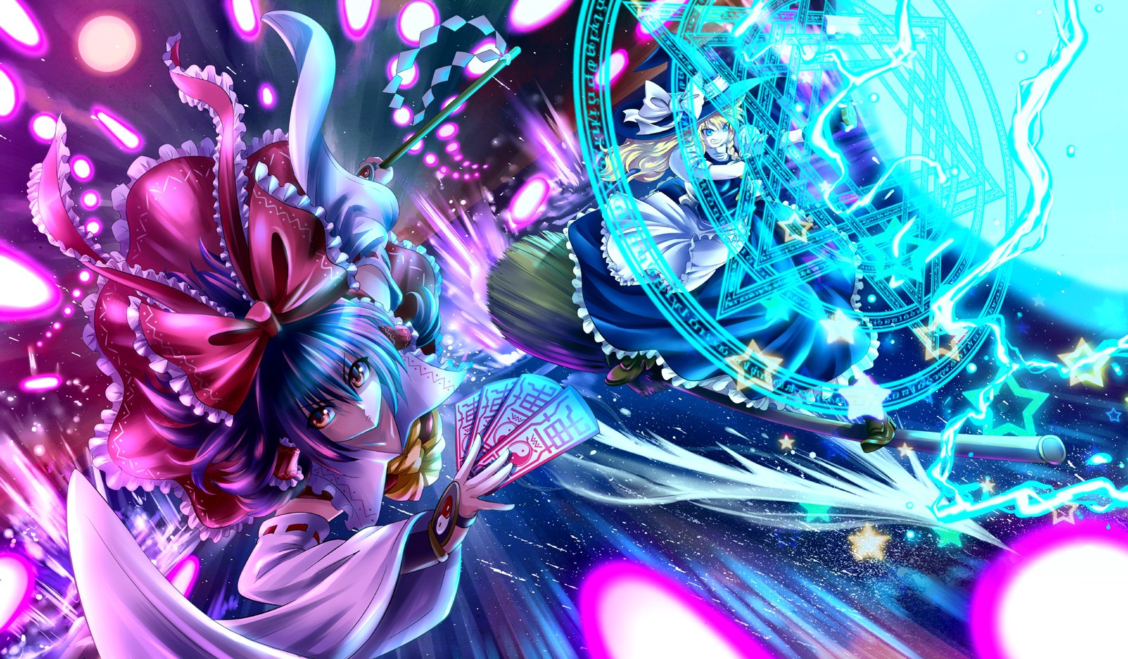 A vibrant HD wallpaper featuring Marisa Kirisame and Reimu Hakurei from the Touhou anime series, showcasing dynamic action and colorful magical elements.