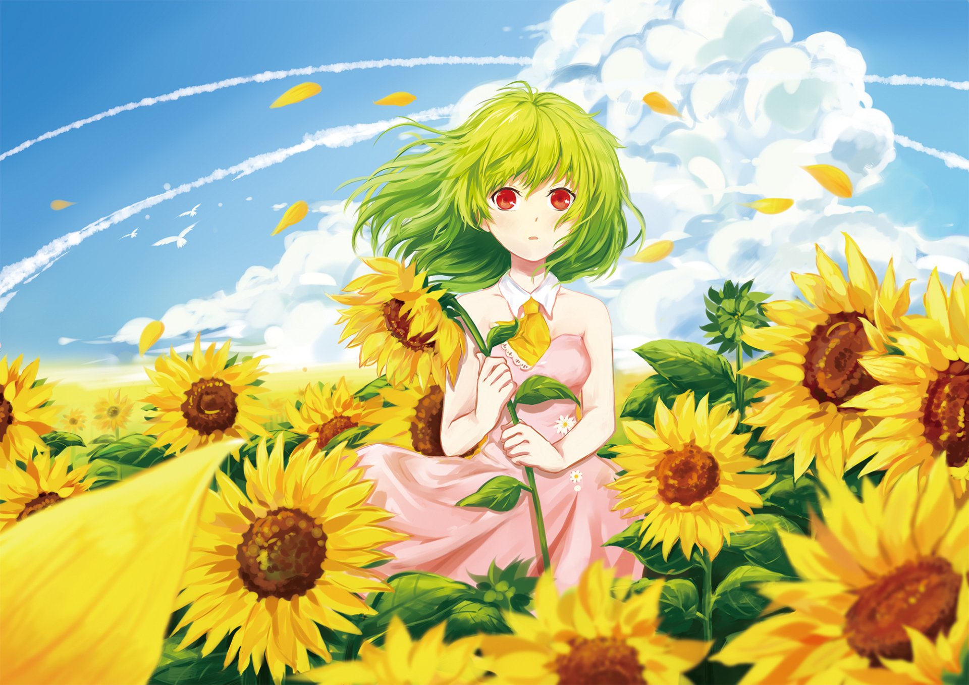Sanae Kochiya (Touhou) anime HD PC desktop wallpaper — green-haired girl in pink dress with red eyes holding a sunflower in a bright field of sunflowers under a blue sky.