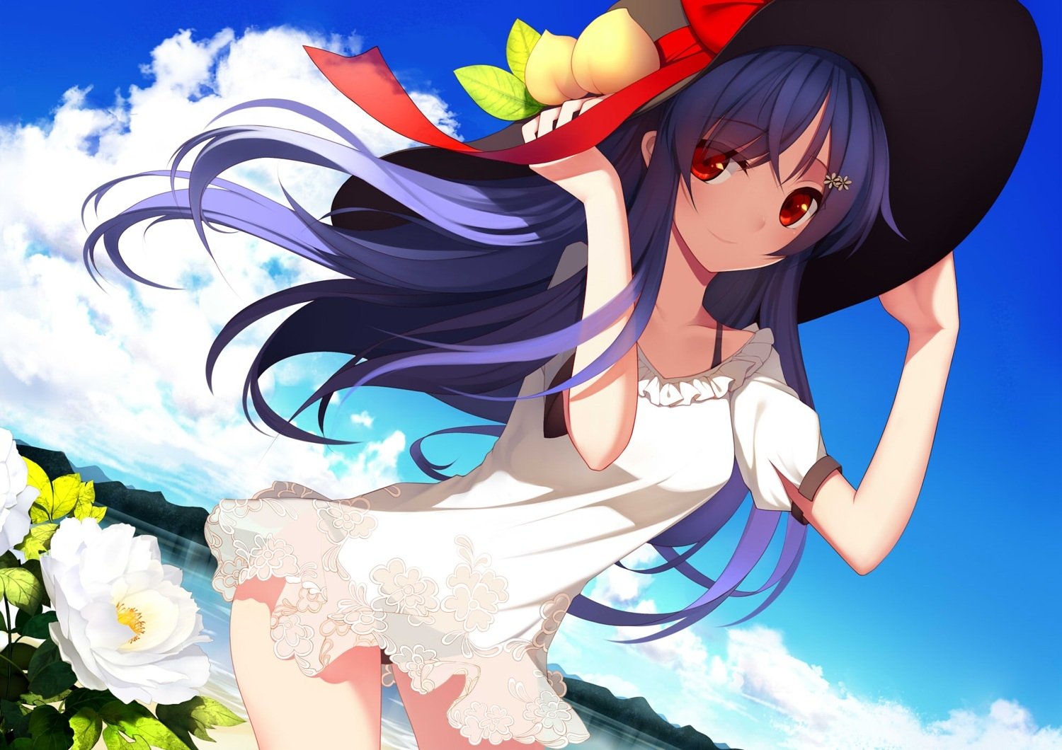 Tenshi Hinanawi (Touhou) in a white dress and wide-brimmed hat, hair flowing against a bright blue sky with clouds and white flowers — HD PC desktop wallpaper background.