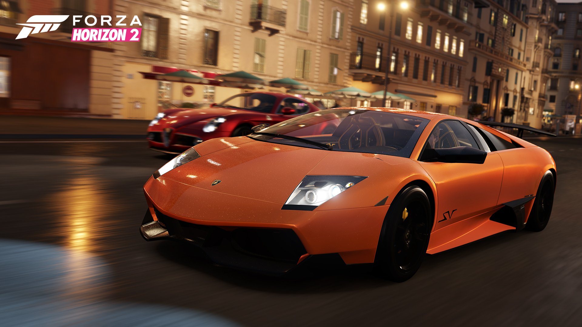 HD PC desktop wallpaper featuring an orange sports car racing through a city street at night from the video game Forza Horizon 2.