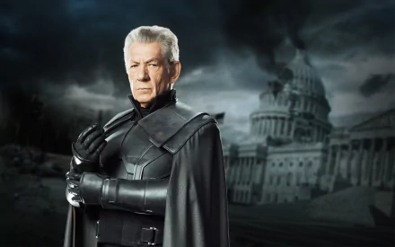 Ian McKellen as Magneto in X-Men: Days of Future Past, stands confidently against a dramatic backdrop, embodying the iconic character from Marvel Comics. HD wallpaper.