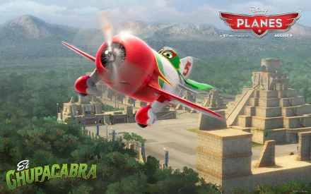 HD PC desktop wallpaper featuring El Chupacabra from Disney’s Planes movie flying over ancient ruins with the Planes logo in the top right corner.