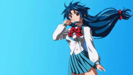 Anime-inspired HD desktop wallpaper featuring a character from Full Metal Panic!, showcasing vibrant blue hair and a school uniform against a gradient blue background.