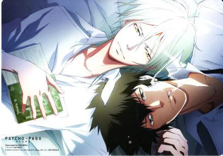 HD desktop wallpaper featuring Psycho-Pass' Shinya Kogami reclining with another character against a soft-lit background.
