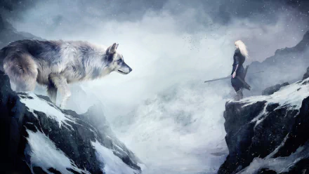 HD desktop wallpaper featuring a fantasy scene with a gray wolf and a cloaked figure in a snowy mountain landscape.