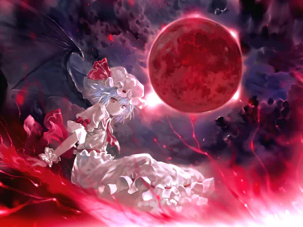 A striking HD wallpaper featuring Remilia Scarlet from the Touhou series, surrounded by dark clouds and a vibrant red moon, capturing a captivating fantasy scene.