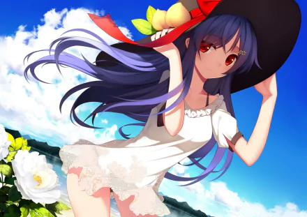 Tenshi Hinanawi (Touhou) in a white dress and wide-brimmed hat, hair flowing against a bright blue sky with clouds and white flowers — HD PC desktop wallpaper background.