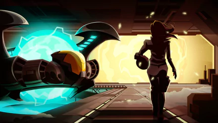 HD PC desktop wallpaper from the video game Velocity 2X, featuring a futuristic scene with a character standing near a glowing spaceship inside a high-tech hangar.