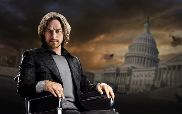 James McAvoy as Charles Xavier sits confidently in a chair before the White House, set against a dramatic backdrop from *X-Men: Days of Future Past*. HD desktop wallpaper.