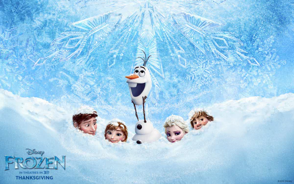 A colorful HD wallpaper featuring characters from Disney's Frozen: Kristoff, Anna, Elsa, Hans, and Olaf, playfully peeking out from a snowy backdrop adorned with ice crystals.