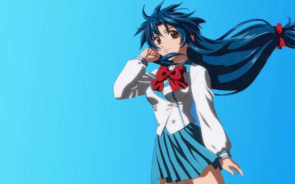 Anime-inspired HD desktop wallpaper featuring a character from Full Metal Panic!, showcasing vibrant blue hair and a school uniform against a gradient blue background.