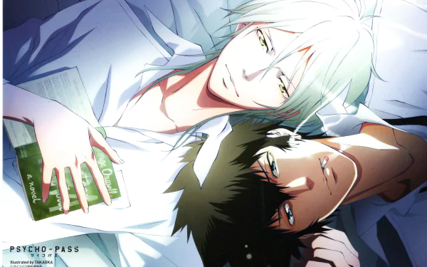 HD desktop wallpaper featuring Psycho-Pass' Shinya Kogami reclining with another character against a soft-lit background.