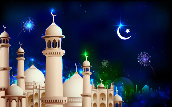 A beautifully designed HD desktop wallpaper featuring a mosque with domes and minarets against a starry night sky, complemented by fireworks and a crescent moon.