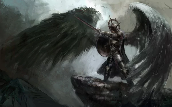 Fantasy HD desktop wallpaper depicting a powerful angel warrior in dark armor with large wings, standing resolute on a rocky outcrop amidst a stormy sky.