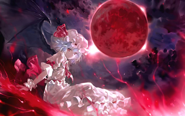 A striking HD wallpaper featuring Remilia Scarlet from the Touhou series, surrounded by dark clouds and a vibrant red moon, capturing a captivating fantasy scene.