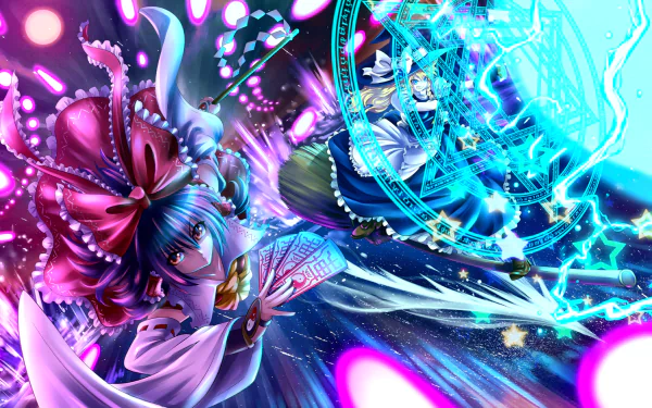 A vibrant HD wallpaper featuring Marisa Kirisame and Reimu Hakurei from the Touhou anime series, showcasing dynamic action and colorful magical elements.
