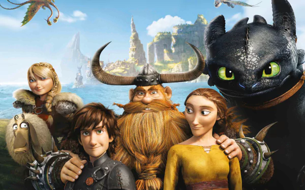 HD wallpaper featuring characters from How to Train Your Dragon 2: Hiccup, Astrid, Stoick, Valka, and Toothless, with a scenic backdrop of lush landscapes and ocean.