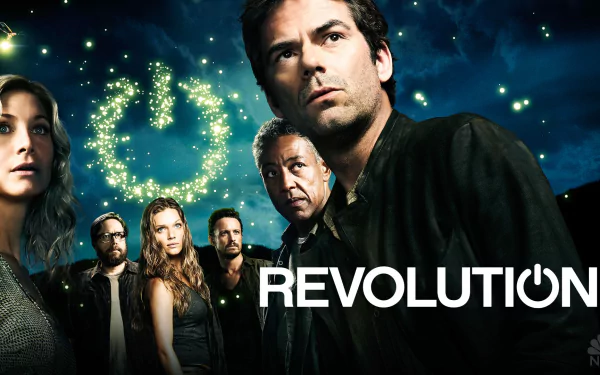HD desktop wallpaper featuring the main cast of the TV show Revolution against a glowing, starry background with the series title prominently displayed.