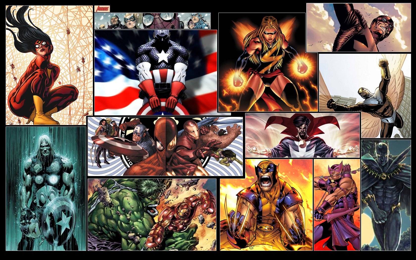 A dynamic collage featuring iconic Avengers characters in vibrant comic art, set against bold backgrounds, serves as a striking HD desktop wallpaper and background.