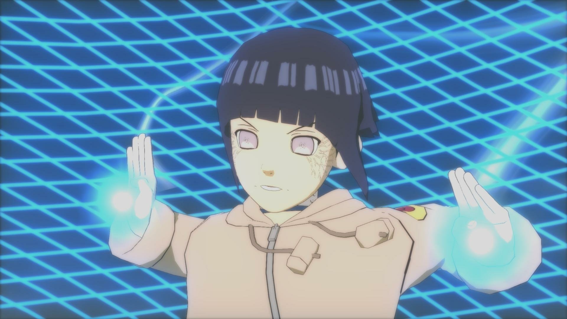 Hinata Hyuga from Naruto Shippuden: Ultimate Ninja Storm Revolution, depicted in HD, focuses her chakra amidst a glowing blue grid background. A dynamic and vibrant scene for fans.