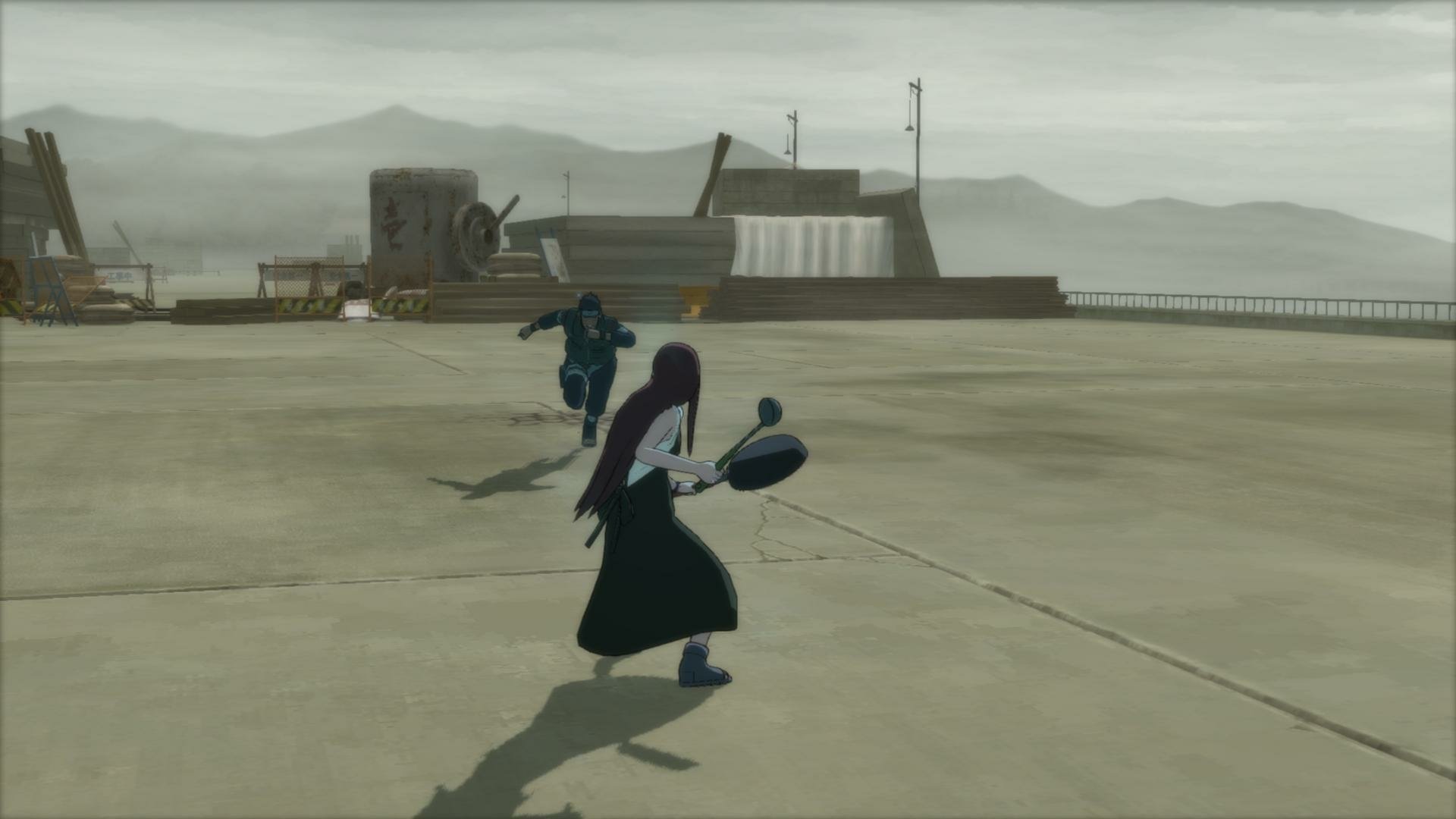 Kushina Uzumaki battles in a scene from Naruto Shippuden: Ultimate Ninja Storm Revolution, set against a vast, industrial backdrop, showcasing dynamic action in stunning HD.