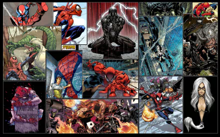 A vibrant HD desktop wallpaper featuring Spider-Man in various comic scenes, showcasing dynamic action and iconic characters from the Spider-Man universe.