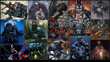 A vibrant HD PC desktop wallpaper collage featuring Venom in various intense comic-style poses and scenes.