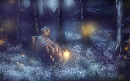 A serene HD desktop wallpaper featuring Ginko from the anime Mushishi, set in a mystical forest illuminated by soft lights and surrounded by delicate flowers.