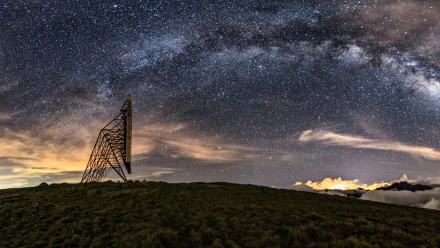 A stunning 4K Ultra HD wallpaper featuring a sci-fi inspired scene, showcasing the Milky Way galaxy above a silhouette of an antenna on a serene hillside.