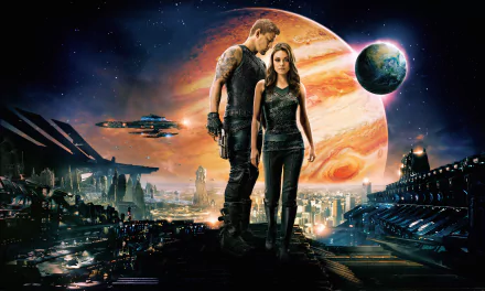 Channing Tatum and Mila Kunis star in Jupiter Ascending, set against a stunning cosmic backdrop, showcasing a futuristic city and a giant planet. 4K Ultra HD wallpaper.