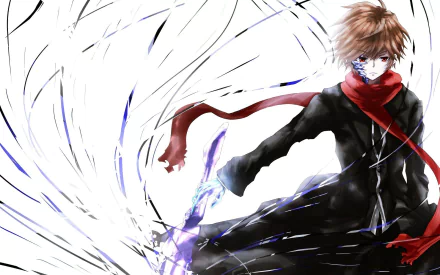 HD desktop wallpaper from Guilty Crown featuring a dynamic anime character with a red scarf and swirling energy around him.