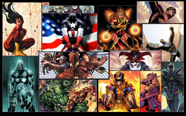 A dynamic collage featuring iconic Avengers characters in vibrant comic art, set against bold backgrounds, serves as a striking HD desktop wallpaper and background.