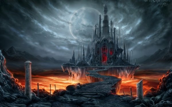 Fantasy Castle Castles Moon Lava Path Building Night HD Wallpaper | Background Image
