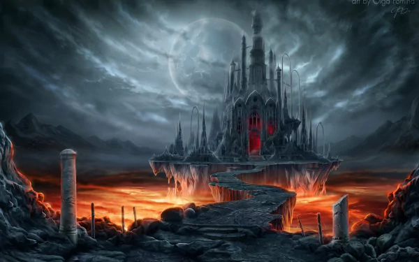 HD wallpaper of a fantasy castle surrounded by lava under a moonlit sky, featuring a path leading to the eerie building.