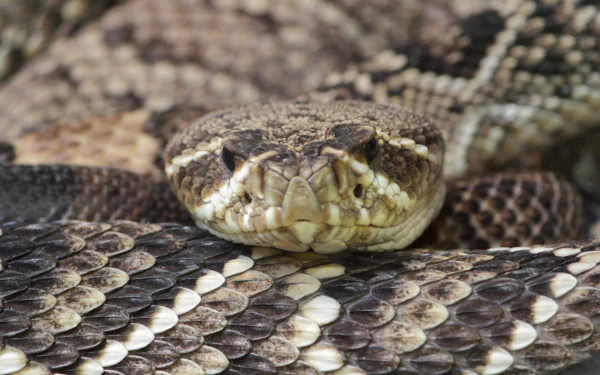 HD PC desktop wallpaper/background: close-up of an eastern diamondback rattlesnake coiled, head centered with textured scales and rattle visible.