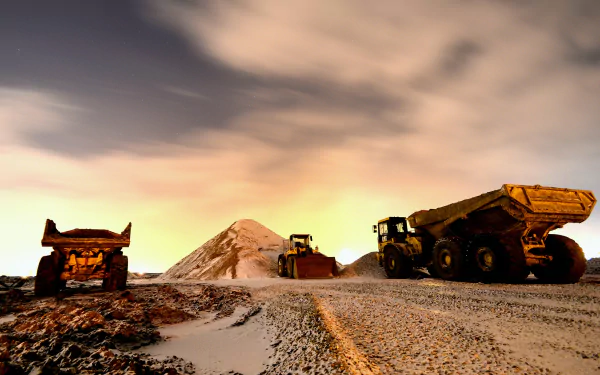 A striking 4K Ultra HD wallpaper featuring Caterpillar vehicles working on a rugged terrain, with a backdrop of a dramatic sky and a sand pile in the distance.