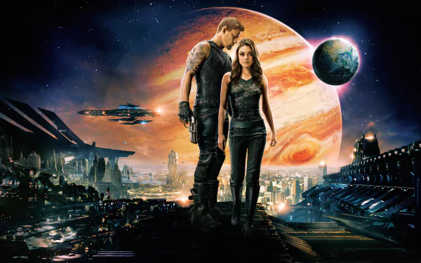 Channing Tatum and Mila Kunis star in Jupiter Ascending, set against a stunning cosmic backdrop, showcasing a futuristic city and a giant planet. 4K Ultra HD wallpaper.