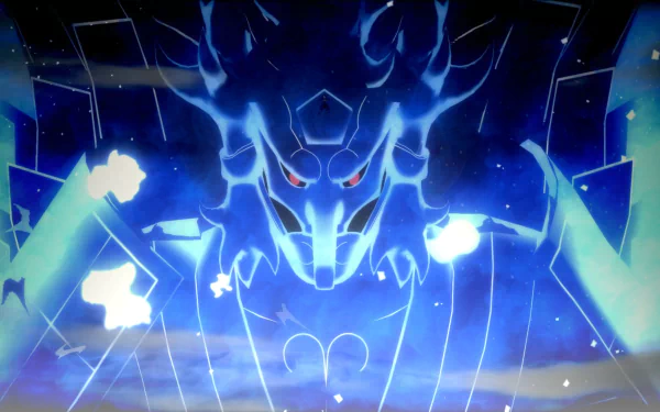 HD desktop wallpaper featuring Madara Uchiha's Susanoo from Naruto Shippuden: Ultimate Ninja Storm Revolution video game. The image showcases a blue, ethereal Susanoo figure with glowing eyes.