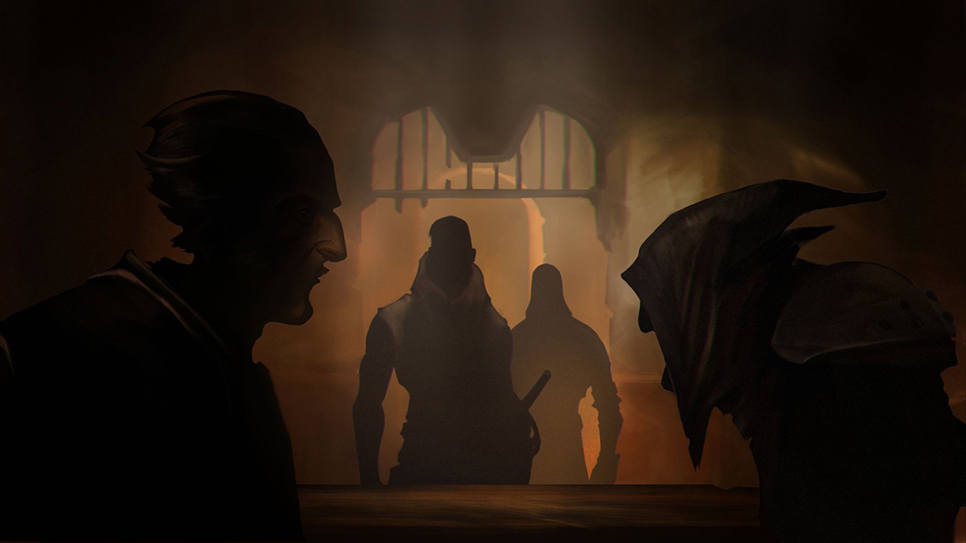 HD PC desktop wallpaper for the video game Styx Master Of Shadows: a hooded, goblin-like Styx lurks in shadow while two guards stand in a torchlit doorway.