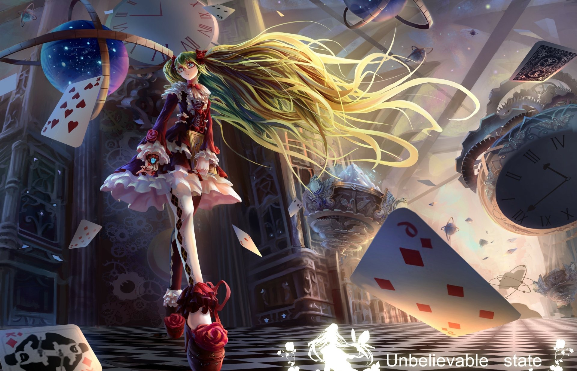 HD desktop wallpaper featuring Hatsune Miku in whimsical attire, surrounded by floating cards and clocks, creating a street-inspired, surreal scene.