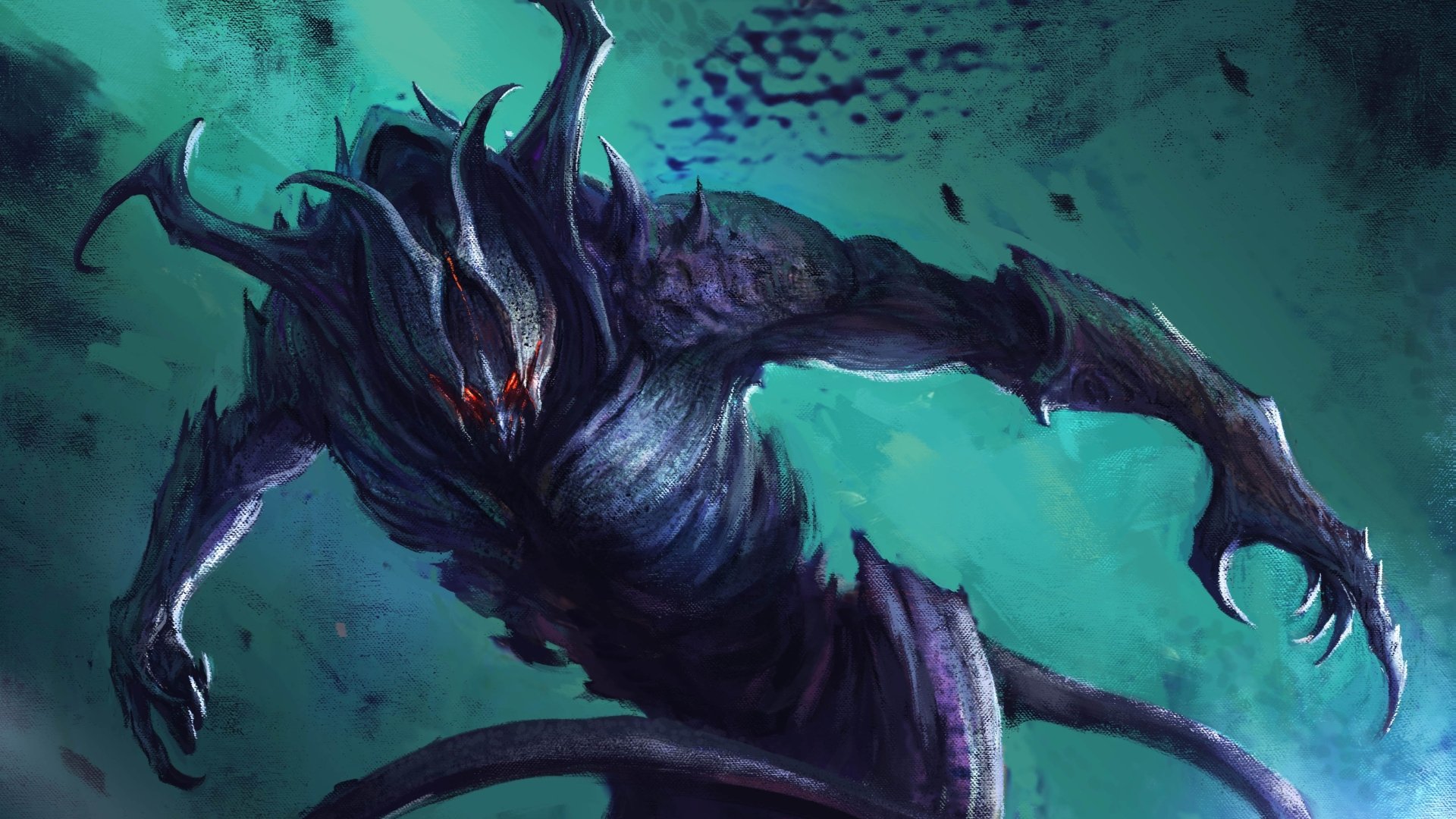 Dark tentacled creature with glowing red eyes lunges from teal mist — 4K Ultra HD PC desktop wallpaper background.