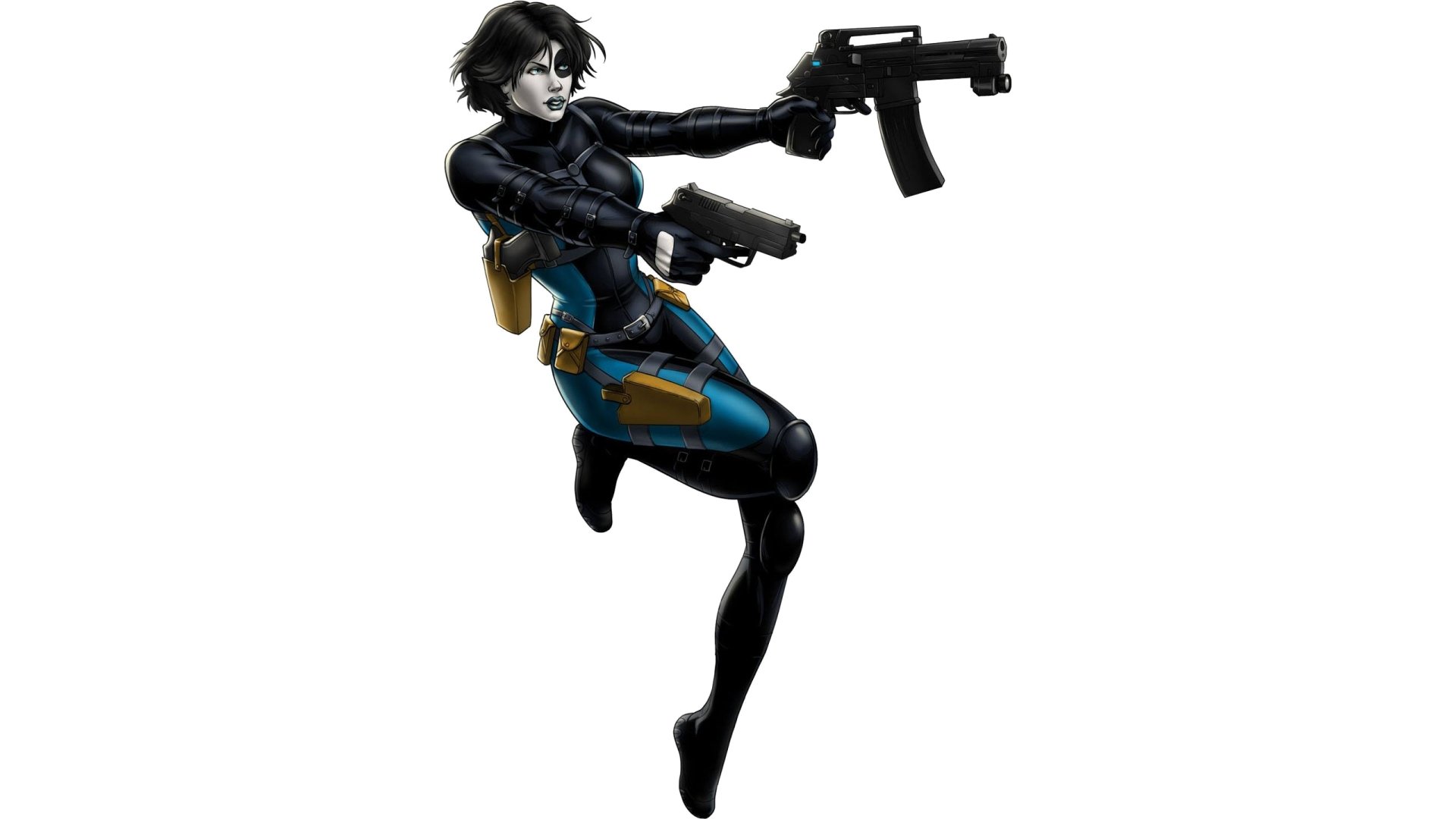 HD desktop wallpaper featuring Domino from Marvel Comics' X-Force, depicted in dynamic action holding two firearms against a plain background.